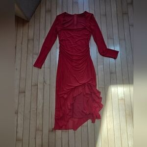 Women's Red Long Sleeve Ruffled Midi Dress